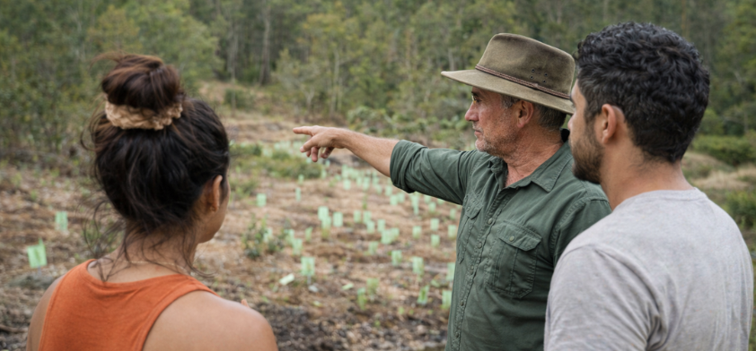 A man showing another man and woman the restoration work that has been done