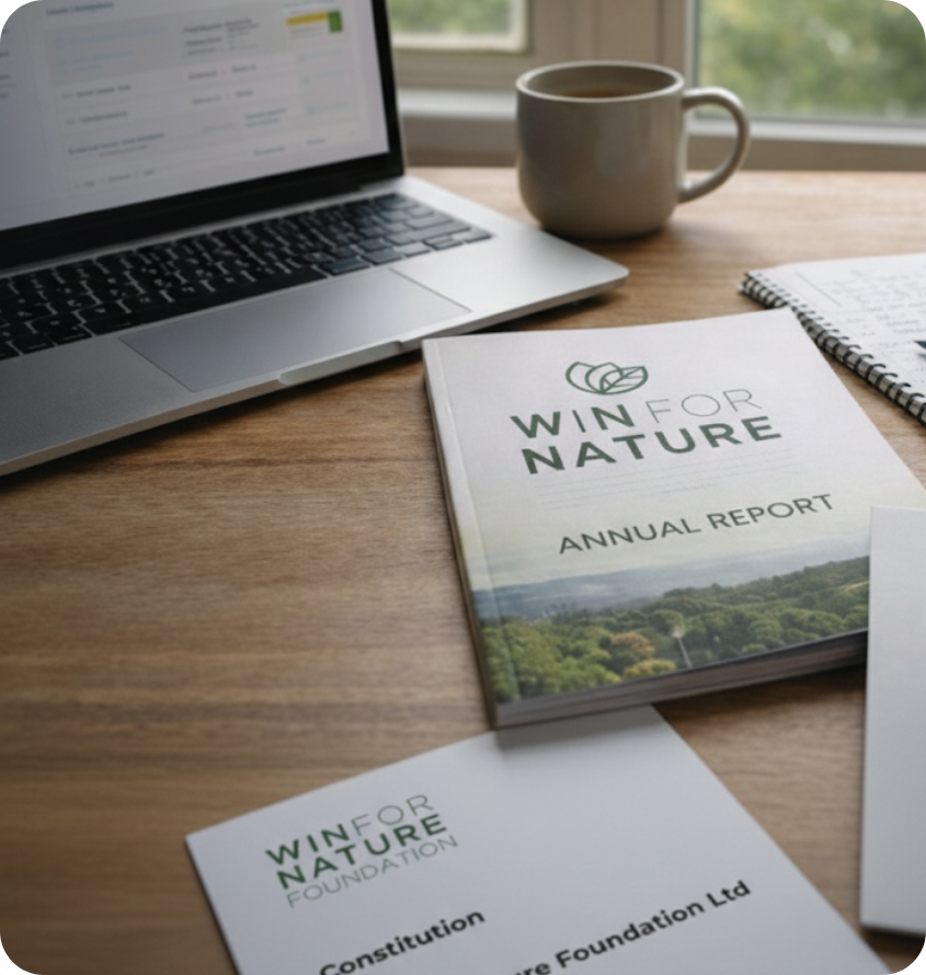 Annual Report and Foundation Constitution on a desk